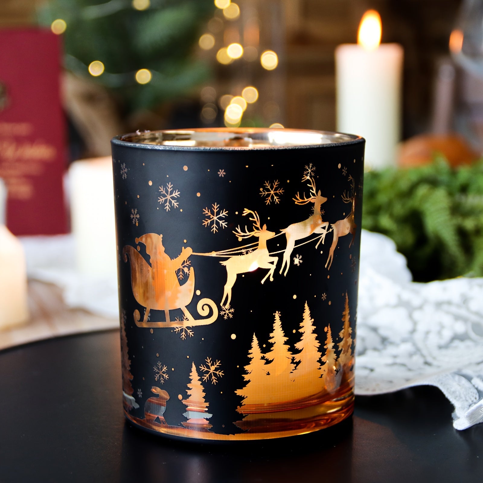 14oz Black Pillar Candle Holder - Vintage Glass Christmas Decor with Reindeer, Tree & Snowflake Designs - Perfect for Holiday Home & Living Room Ambiance House Of Avana