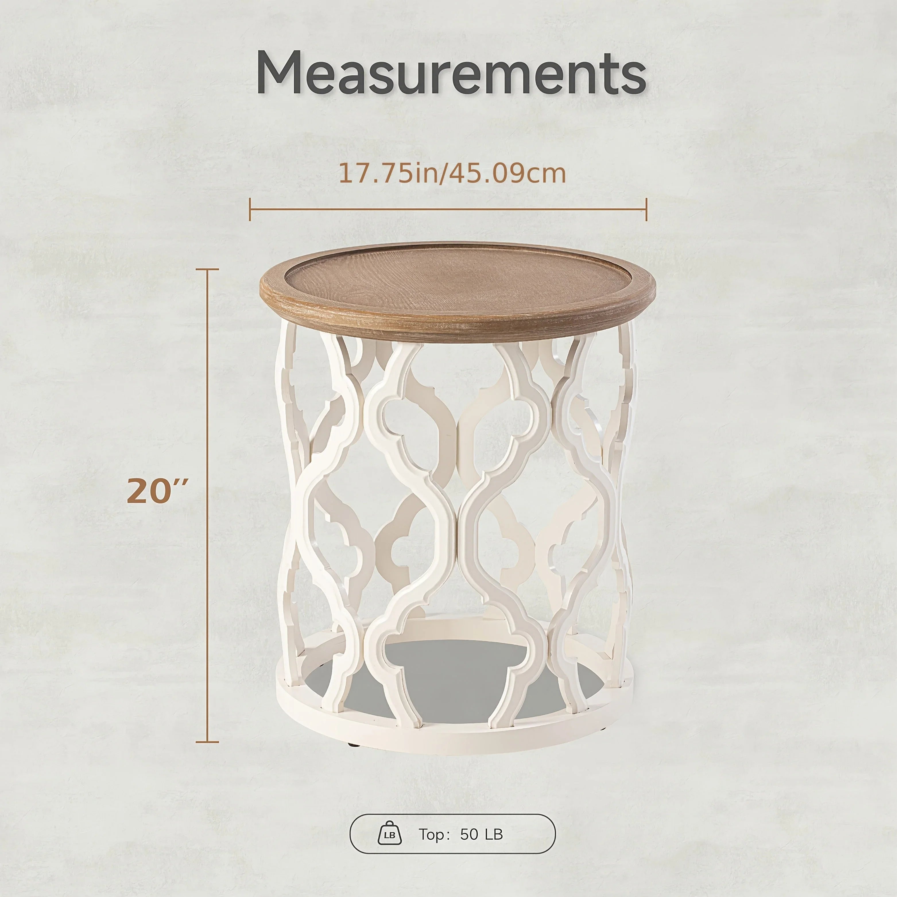 Farmhouse Rustic Round White End Table, Coffee Table, Distressed Tray Top Side Table With Curved Motif Frame Base House Of Avana