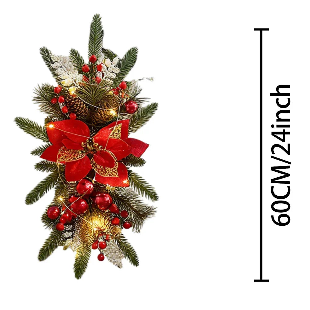 1-Pack 24-Inch Large Red & Christmas Garland with Poinsettias, Pine Cones, Berries & Bow - Stair Railing, Door, Wall Holiday Decorations - Plastic Faux Greenery Wreath for Xmas Tree-like Hanging (No Maintenance House Of Avana