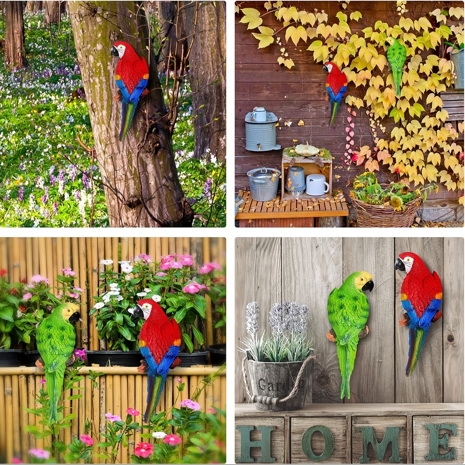 A Pair Simulation Parrot Wall Decoration, 12 Inch Lifelike Outdoor Golden Parrot Sculpture, Tropical Realistic Green And Red Parrot Bird Decoration, Used for Courtyard Gardens, Lawns, Trees, Walls House Of Avana