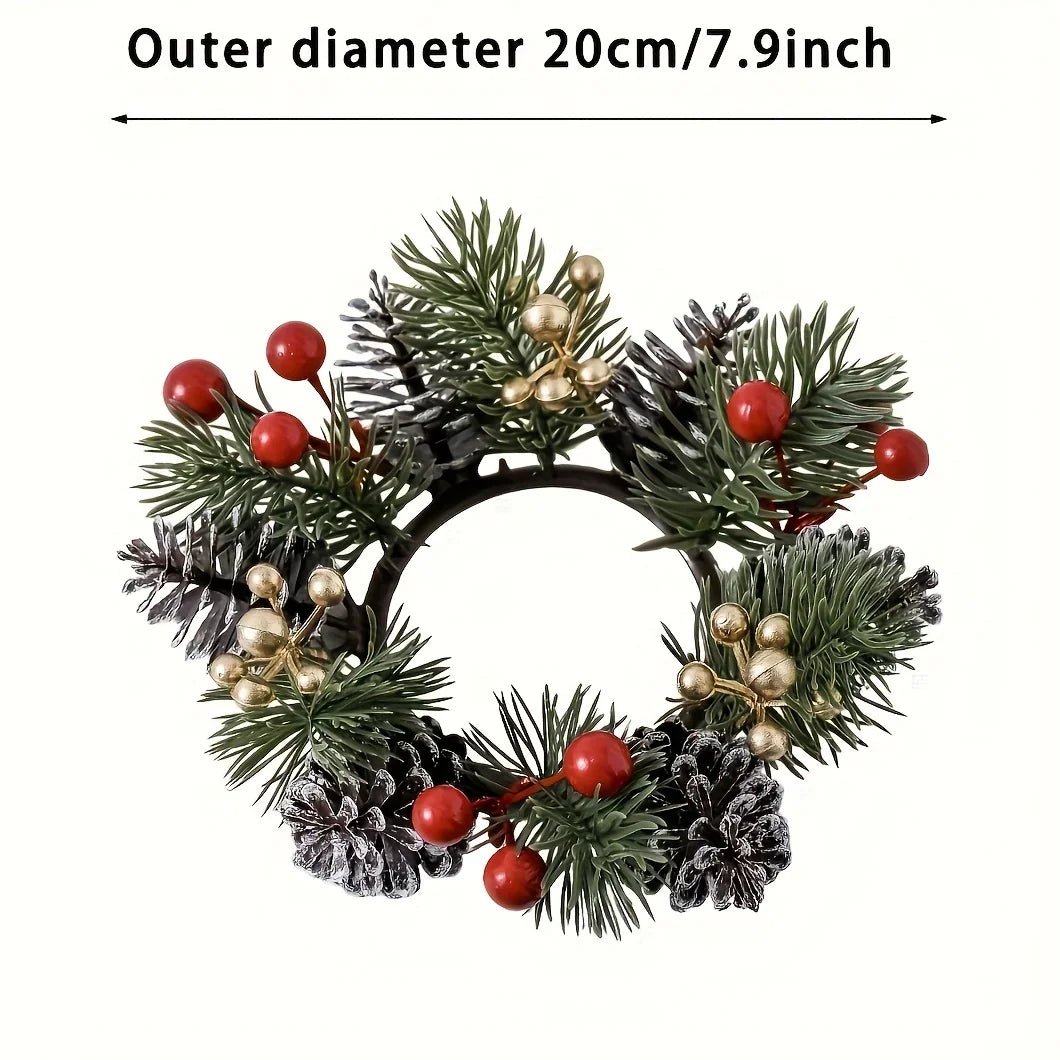 2pcs Festive Christmas Pine Cone Wreaths with Candle Holders - 20.07 cm Diameter, Durable Plastic Holiday Tabletop Decor for Home & Office, No Electricity Needed, Perfect for Christmas & Winter Celebrations, Christmas Decorat House Of Avana