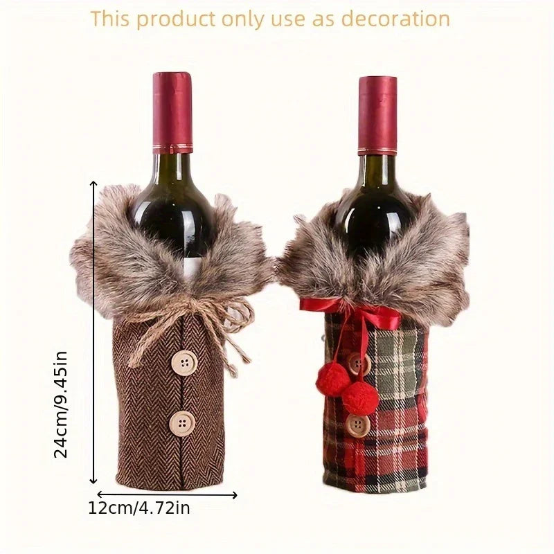 1pc Festive Christmas Wine Bottle Cover with Plush Fur Collar - Polyester, Perfect for Holiday Parties & Home Decor House Of Avana