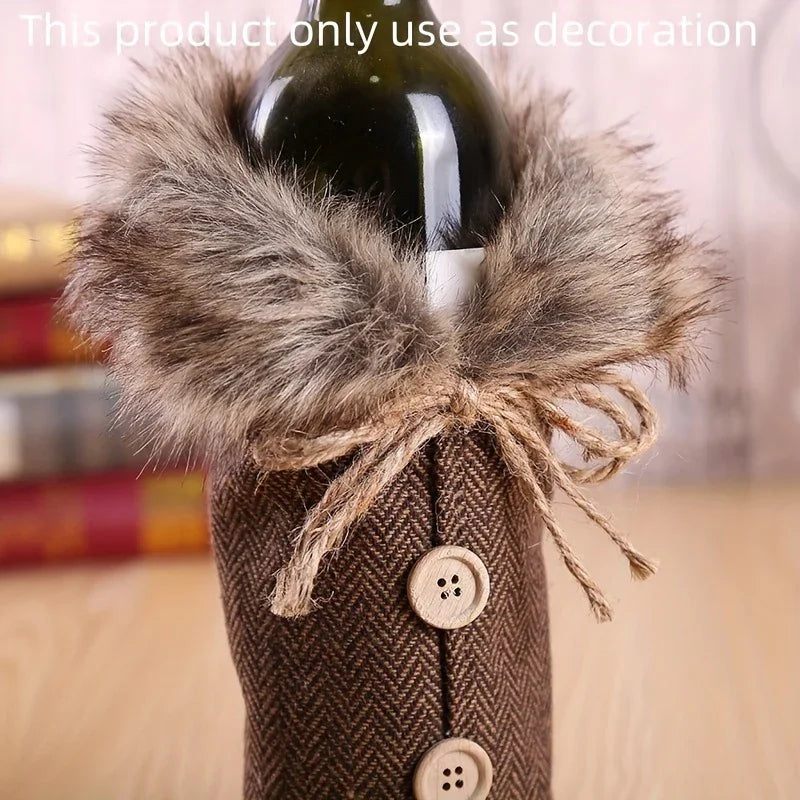 1pc Festive Christmas Wine Bottle Cover with Plush Fur Collar - Polyester, Perfect for Holiday Parties & Home Decor House Of Avana