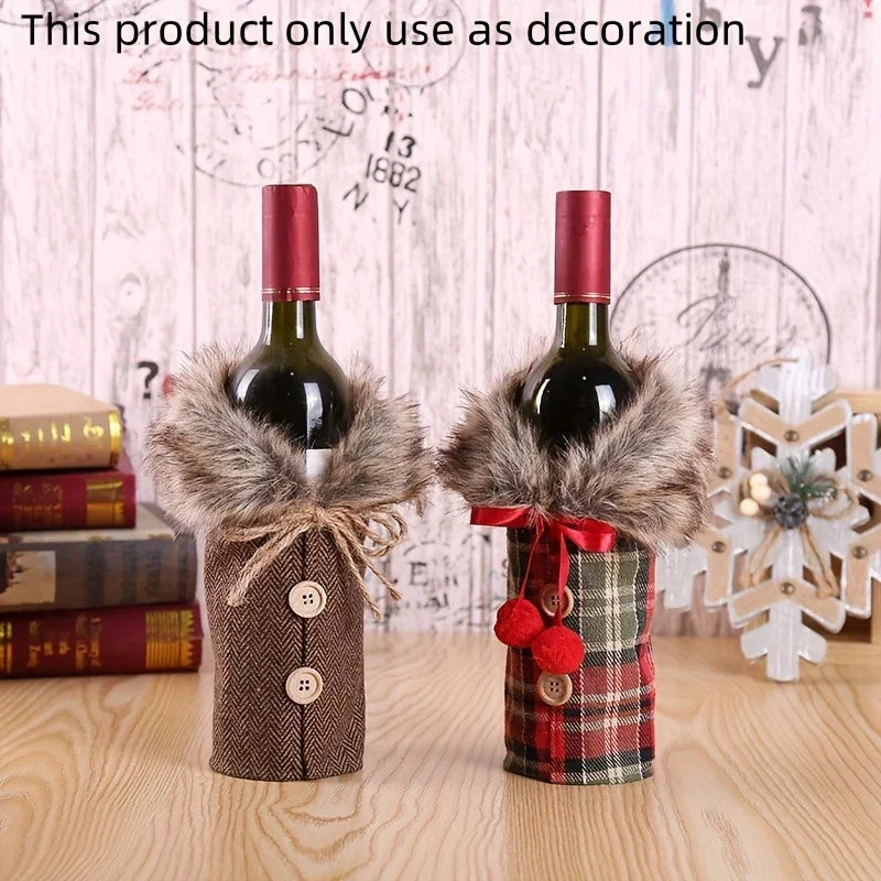 1pc Festive Christmas Wine Bottle Cover with Plush Fur Collar - Polyester, Perfect for Holiday Parties & Home Decor House Of Avana