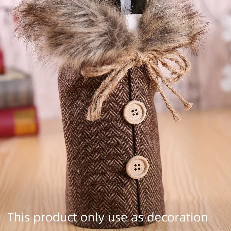 1pc Festive Christmas Wine Bottle Cover with Plush Fur Collar - Polyester, Perfect for Holiday Parties & Home Decor House Of Avana