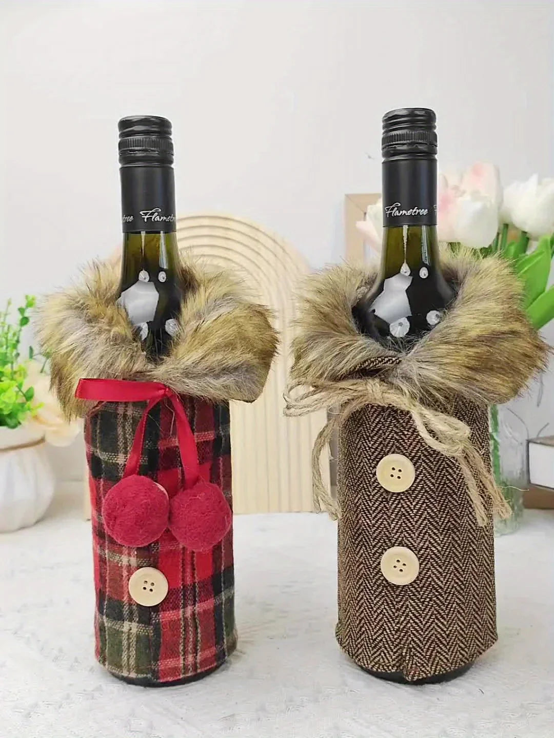 1pc Festive Christmas Wine Bottle Cover with Plush Fur Collar - Polyester, Perfect for Holiday Parties & Home Decor House Of Avana
