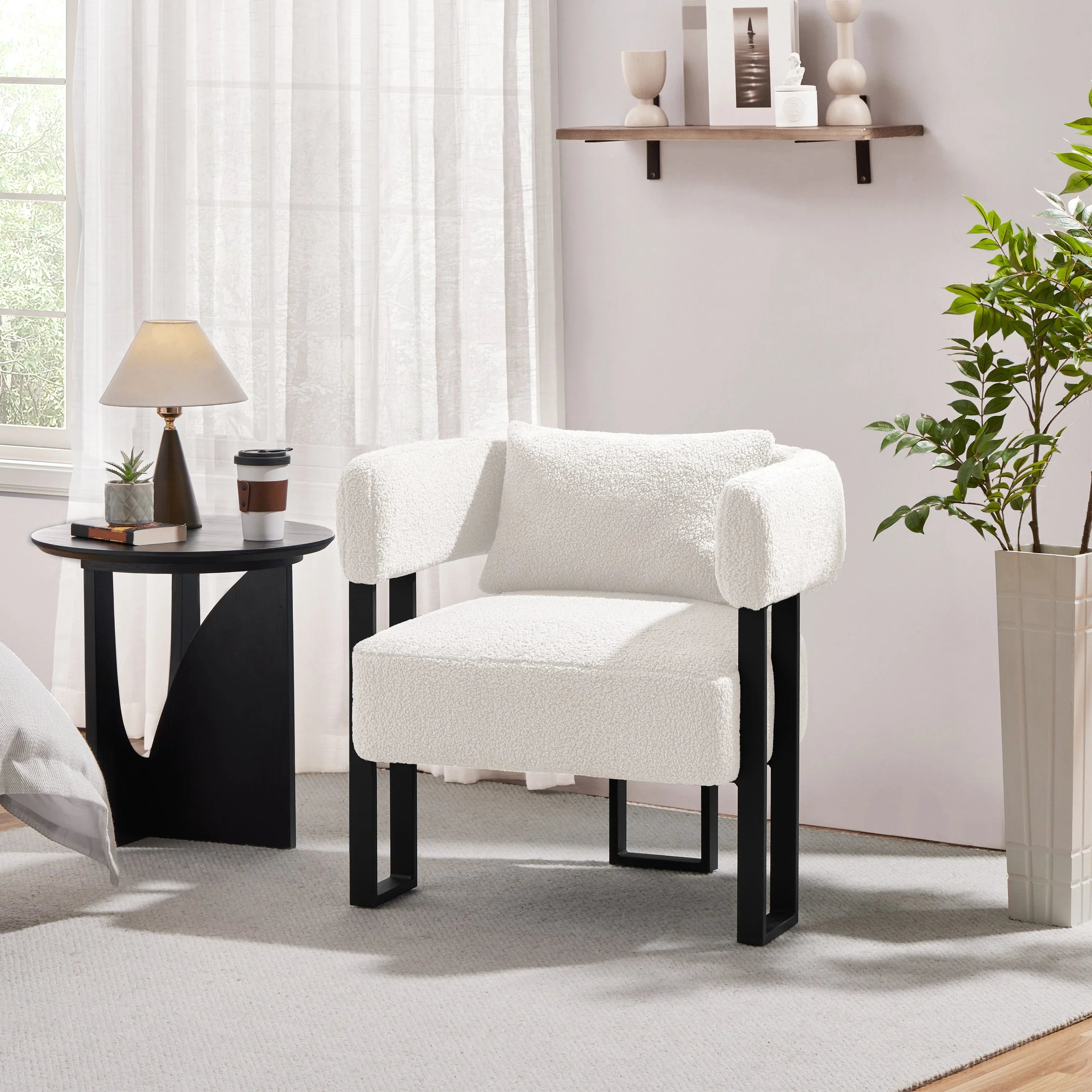 Costoffs Boucle Accent Chair Upholstered Armchair Vanity Chair with throw pillow & Adjustable Feet for Living Room/Bedroom/Home/Office/Small Space, White/Grey House Of Avana