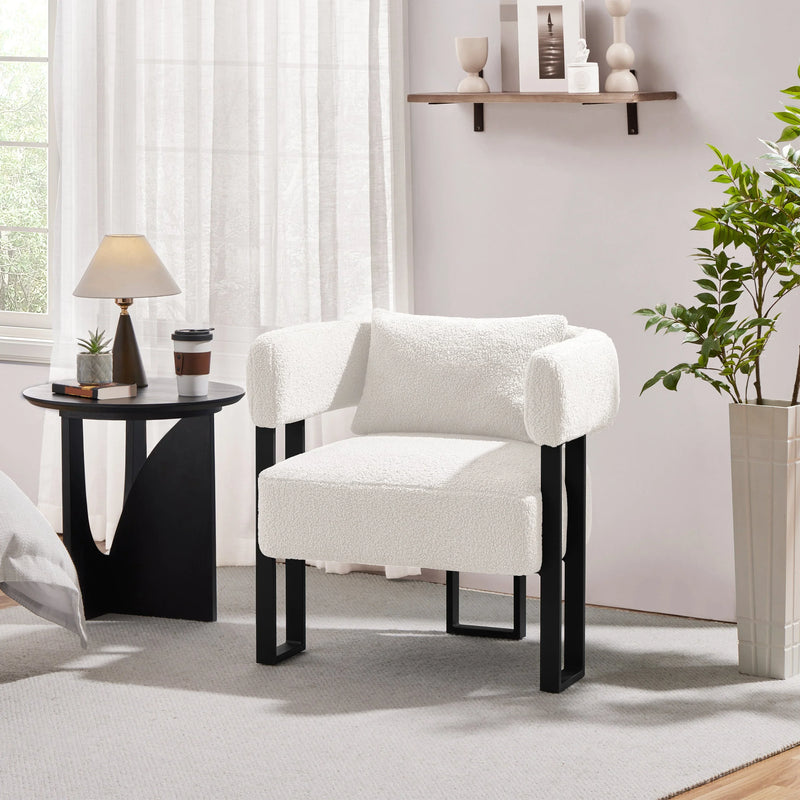 Costoffs Boucle Accent Chair Upholstered Armchair Vanity Chair with throw pillow & Adjustable Feet for Living Room/Bedroom/Home/Office/Small Space, White/Grey House Of Avana