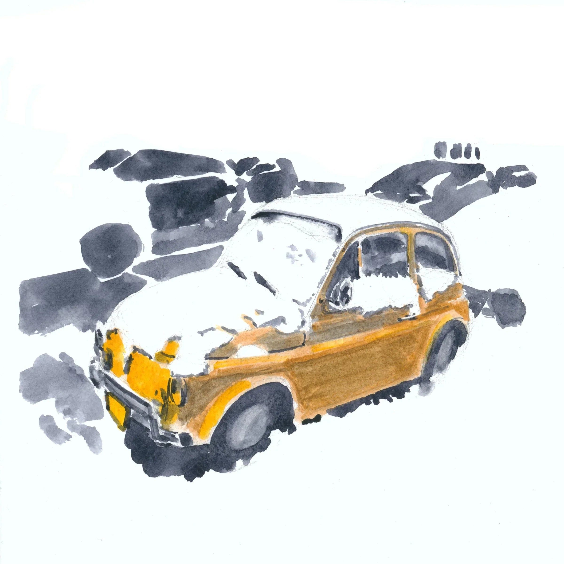 Fiat in the Snow, Nyc, Watercolor Painting, side view - House Of Avana