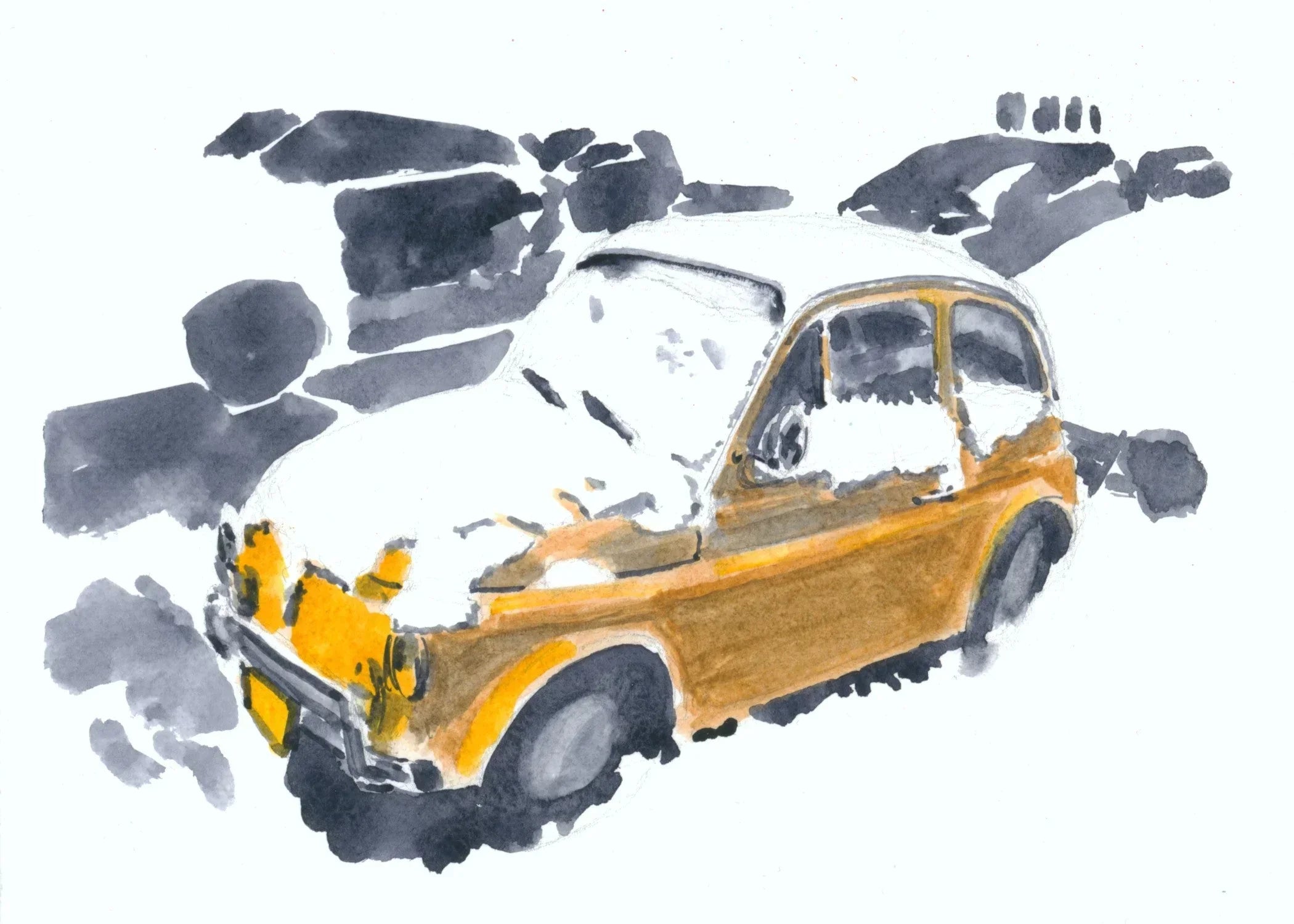 Fiat in the Snow, Nyc, Watercolor Painting, detail shot - House Of Avana