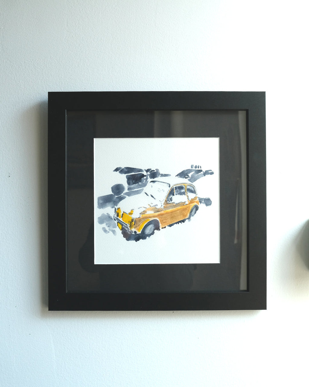 Fiat in the Snow, Nyc, Watercolor Painting, front view - House Of Avana