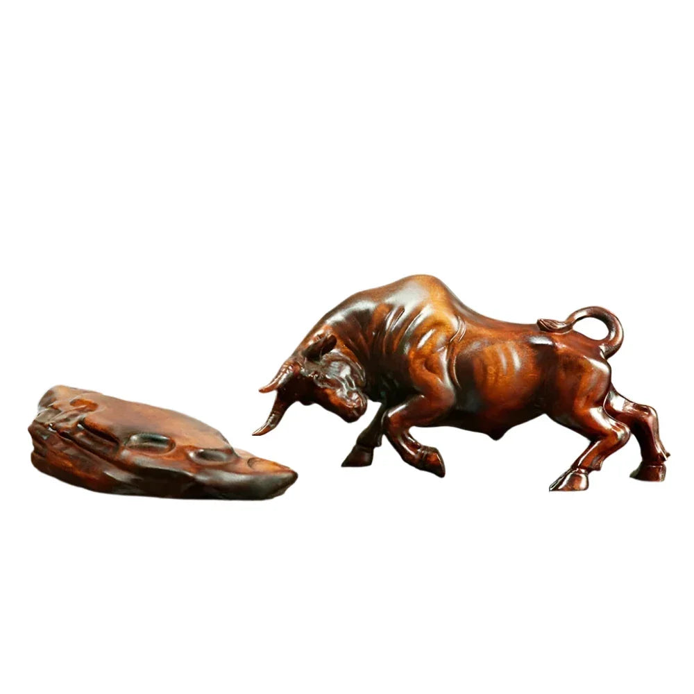 Charging Bull Figurine Boxwood Decorative Hand Carved Art, angled view - House Of Avana