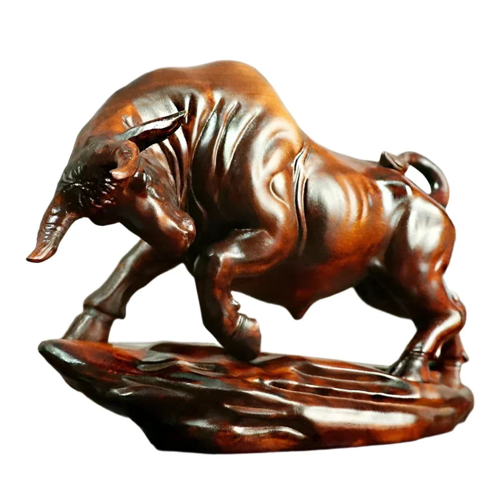 Charging Bull Figurine Boxwood Decorative Hand Carved Art, lifestyle image - House Of Avana