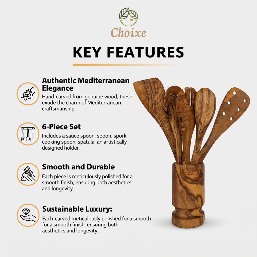 Olive Wood Kitchen Servers Set w/Holder -6 Pcs