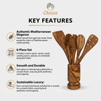Olive Wood Kitchen Servers Set w/Holder -6 Pcs