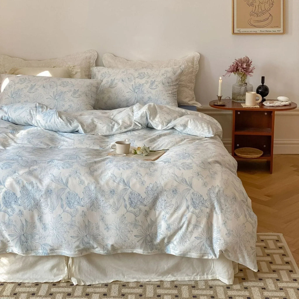 Fleur Elegant Floral Knit Cotton Bedding Set / Blue Ever Lasting