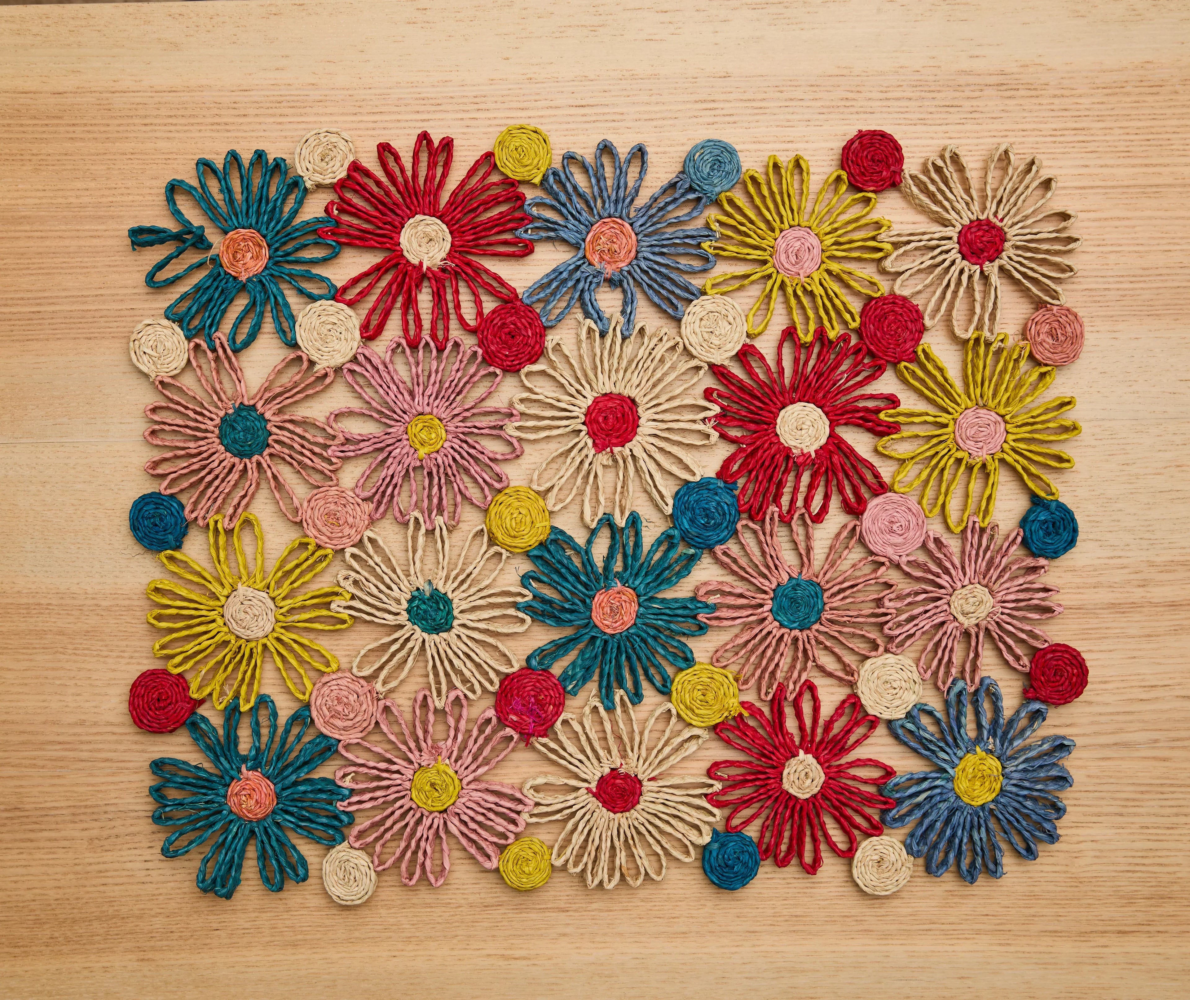 Fleur Raffia placemat, Multicolor Flowers woven tabletop Payton James