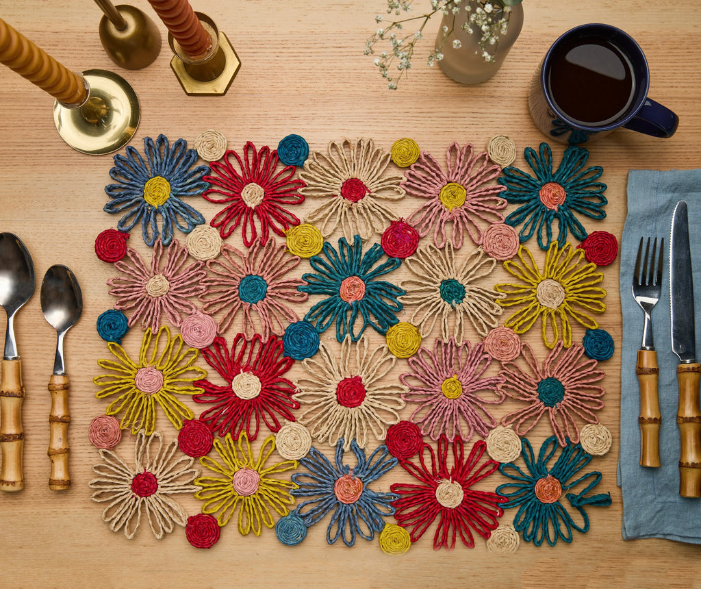 Fleur Raffia placemat, Multicolor Flowers woven tabletop Payton James
