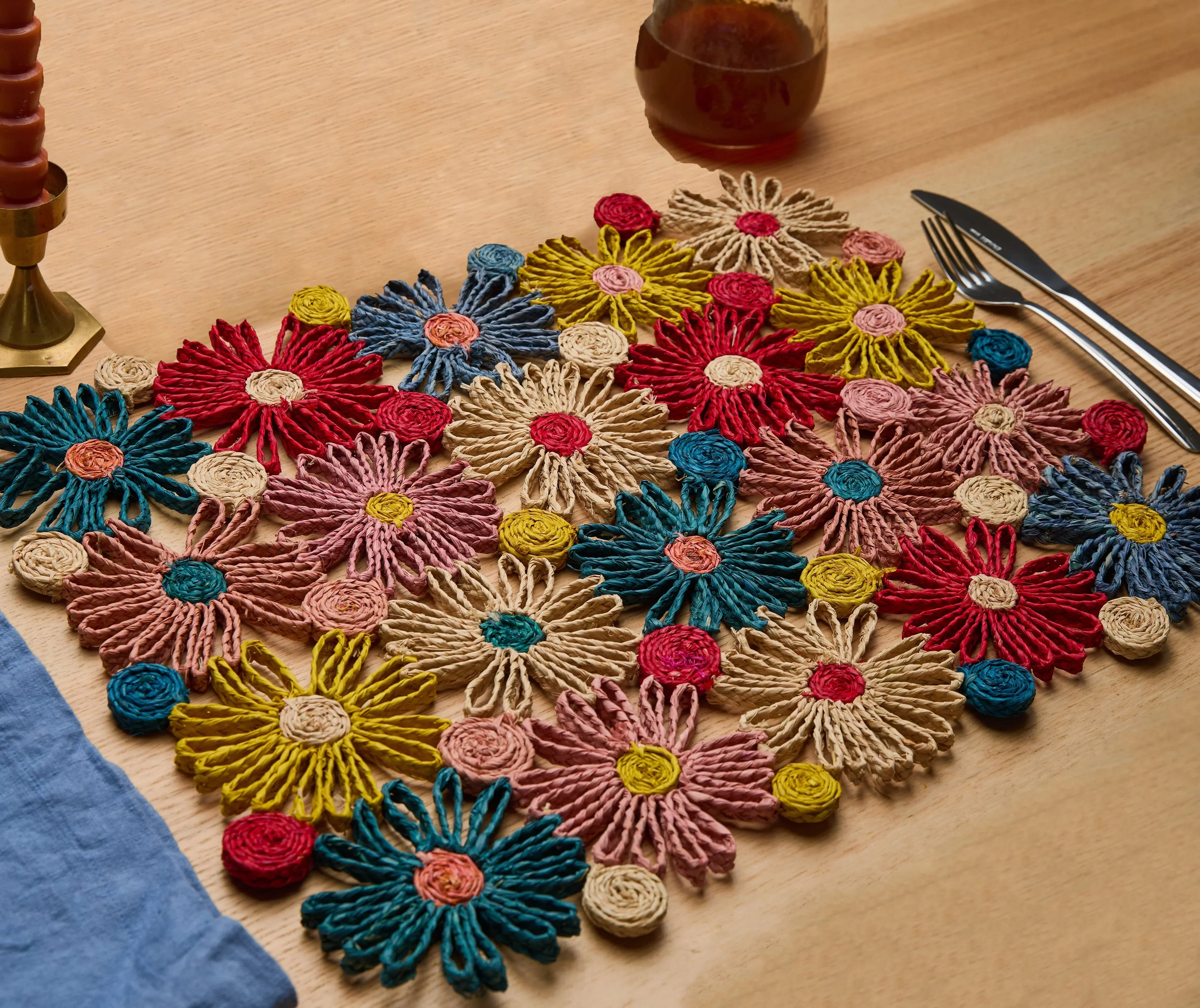 Fleur Raffia placemat, Multicolor Flowers woven tabletop Payton James