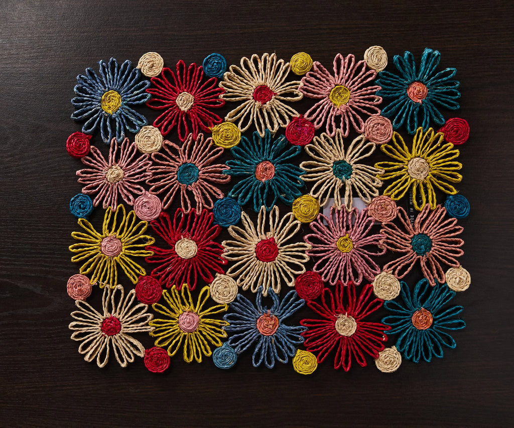 Fleur Raffia placemat, Multicolor Flowers woven tabletop Payton James