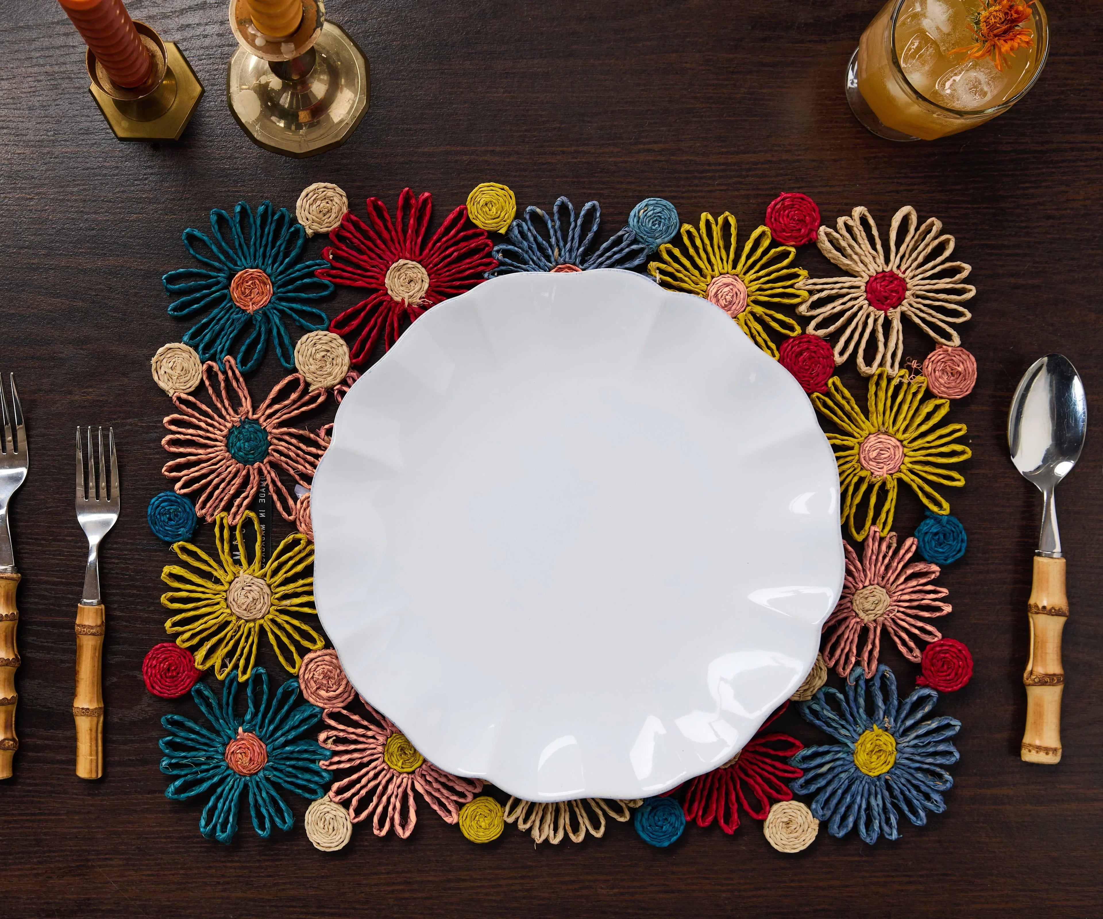 Fleur Raffia placemat, Multicolor Flowers woven tabletop Payton James