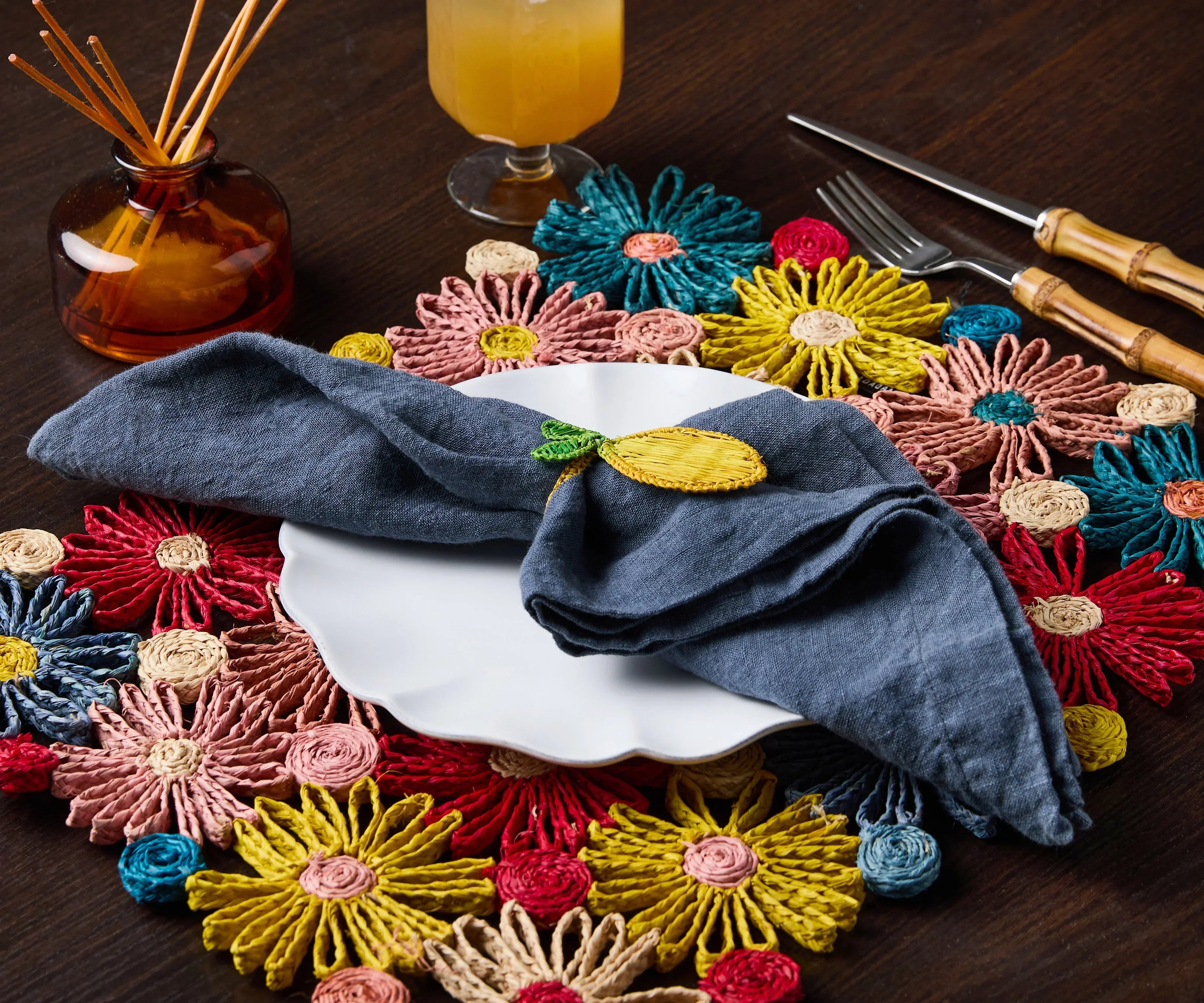 Fleur Raffia placemat, Multicolor Flowers woven tabletop Payton James