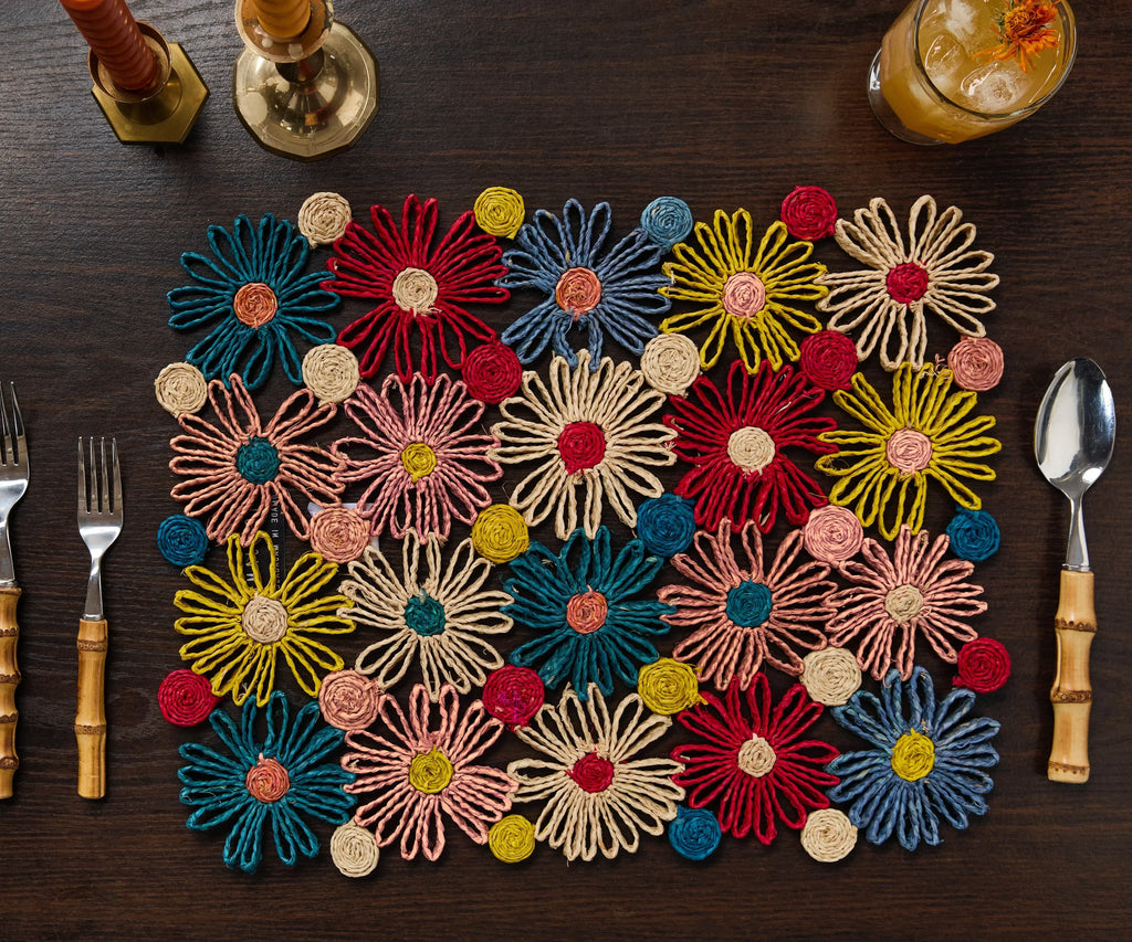Fleur Raffia placemat, Multicolor Flowers woven tabletop Payton James
