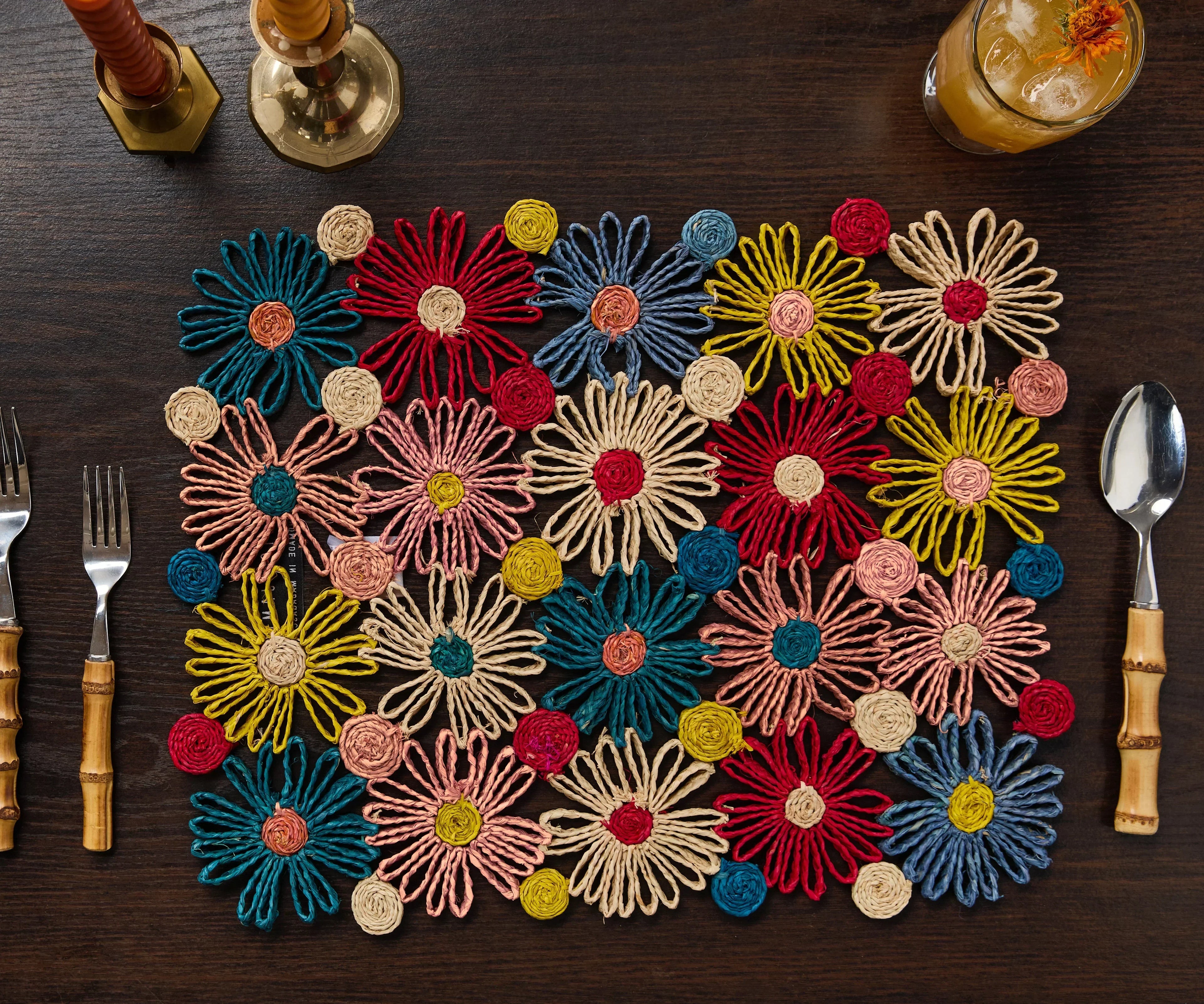 Fleur Raffia placemat, Multicolor Flowers woven tabletop Payton James
