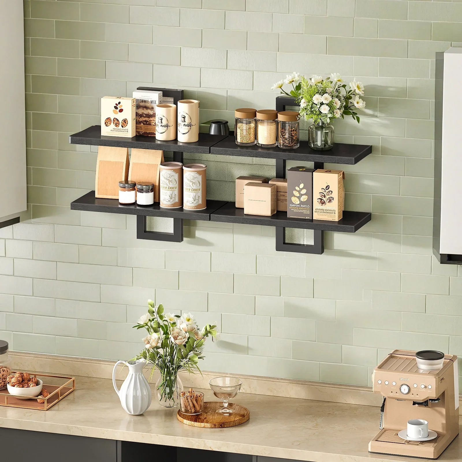 Black floating shelves set, made of engineered wood, wall mounted design - House of Avana