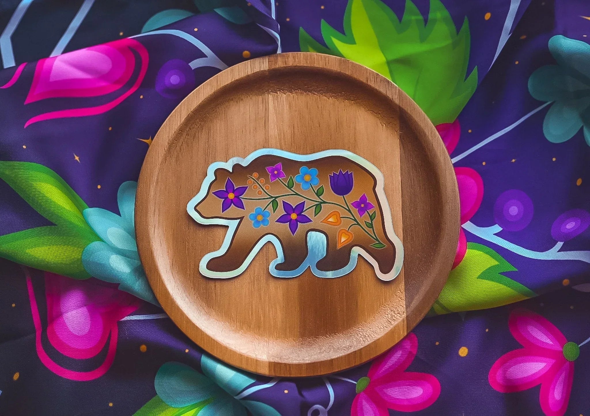 Floral Bear Holographic Sticker- Left Facing Bizaanide'ewin