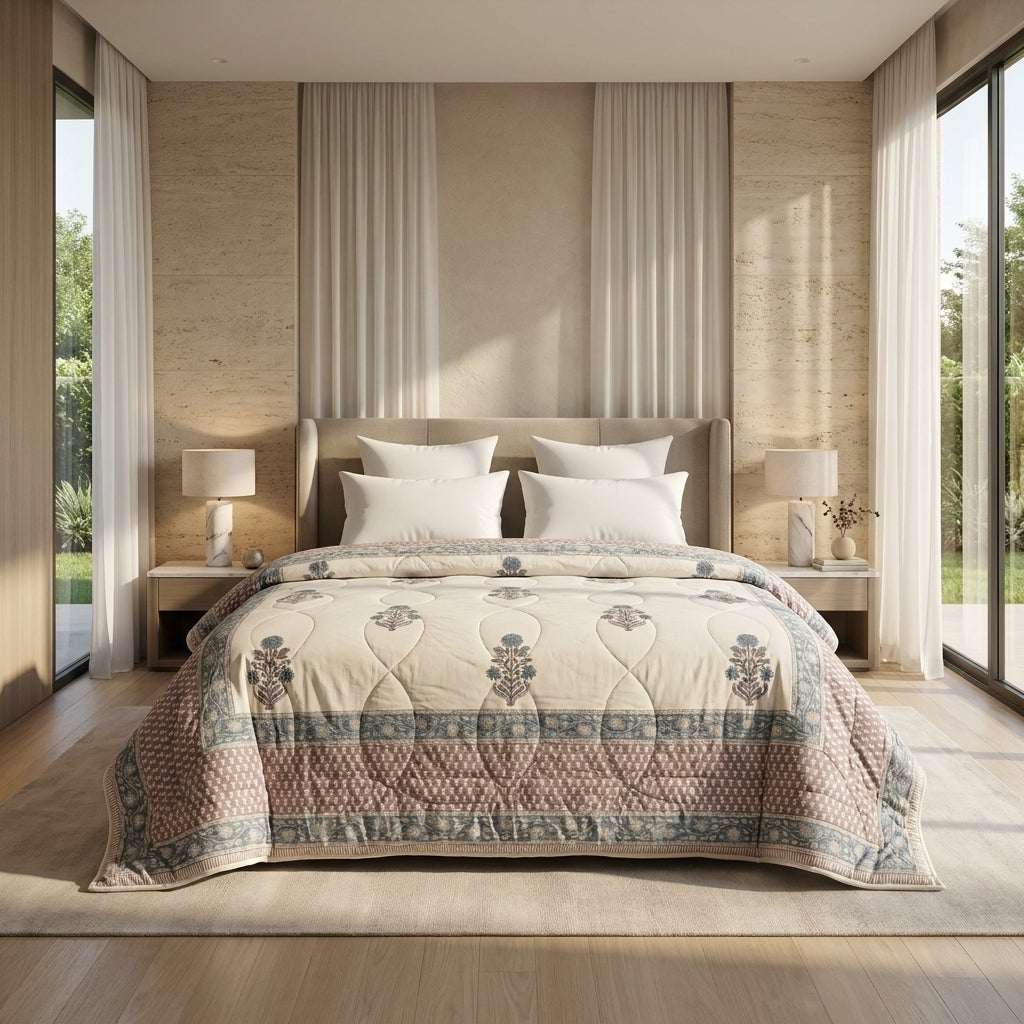 Cream & Slate Blue Jaipur Indian hand block print floral quilted comforter | Jaipur Indian hand block print cotton muslin quilted comforter | Sanganer floral block print bedding | Queen King size quilt India | House of Avana [[SKU:HOA-COM-SBTF-013]]