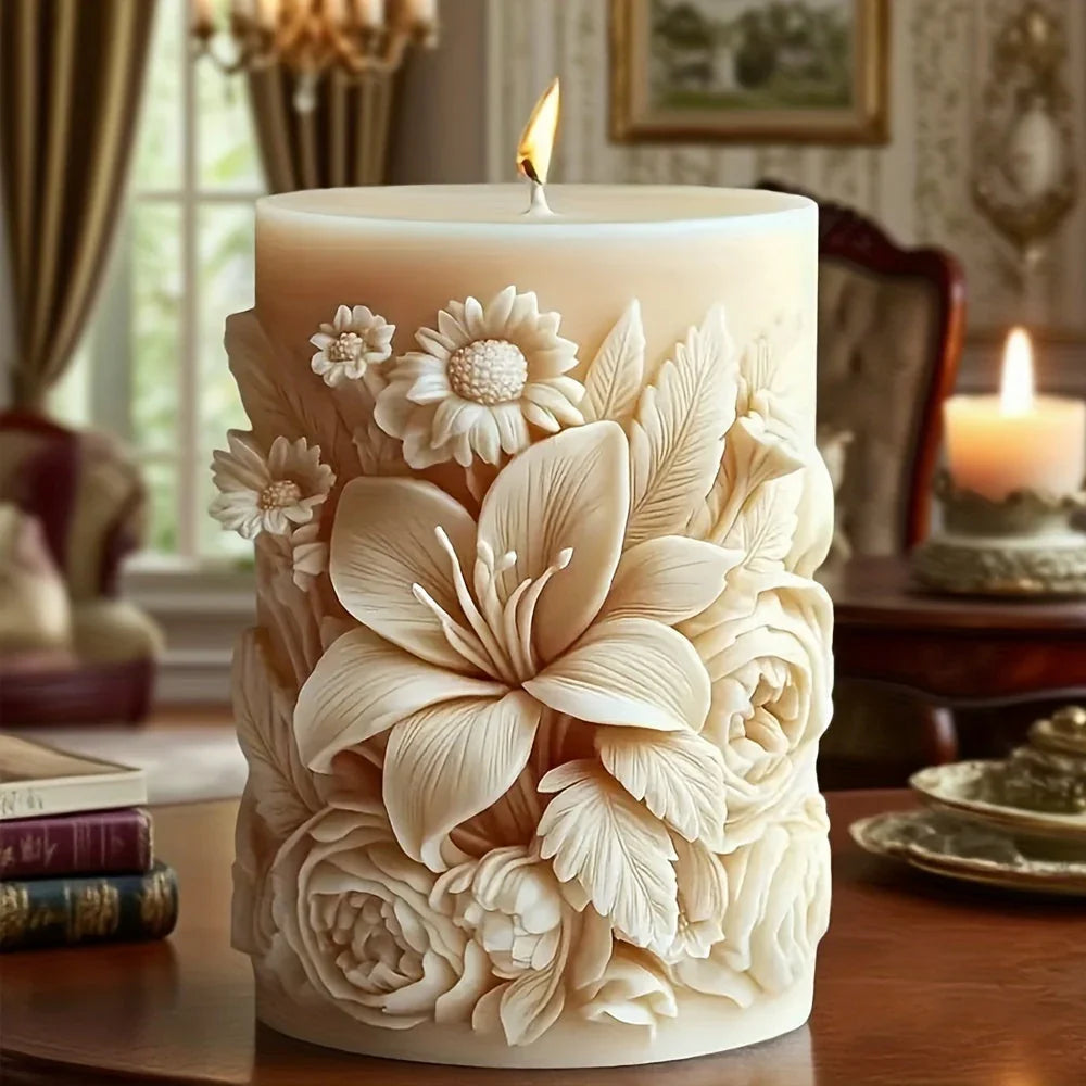 Candle Mold - Ceramic Floral Pillar, side view - House Of Avana