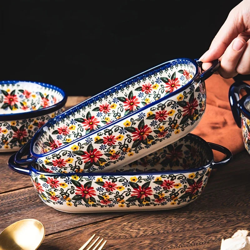Polish Ceramic Rectangular Baking Dish with Handles, Hand-painted Embossed Floral Design, Versatile... - House Of Avana