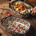 Polish Ceramic Rectangular Baking Dish with Handles, Hand-painted Embossed Floral Design, Versatile... - House Of Avana