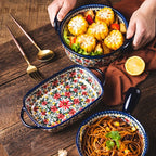 Polish Ceramic Rectangular Baking Dish with Handles, Hand-painted Embossed Floral Design, Versatile... - House Of Avana