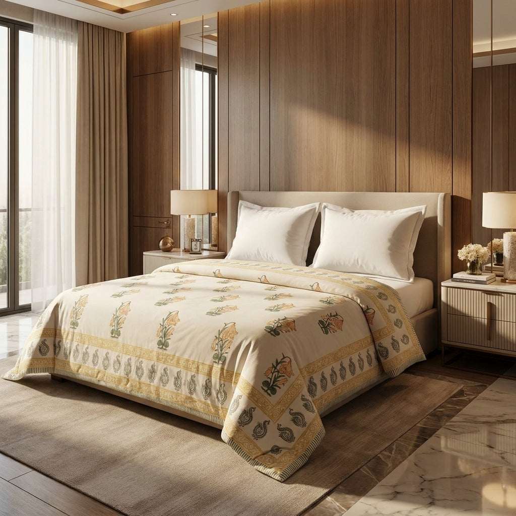 Cream & Golden Yellow Jaipur Indian hand block print floral quilted comforter | Jaipur Indian hand block print cotton muslin quilted comforter | Sanganer floral block print bedding | Queen King size quilt India | House of Avana [[SKU:HOA-COM-GYOG-010]]