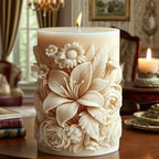 White ceramic pillar candle mold with floral pattern, elegant home décor - House of Avana