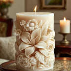 White ceramic pillar candle mold with floral pattern, elegant home décor - House of Avana
