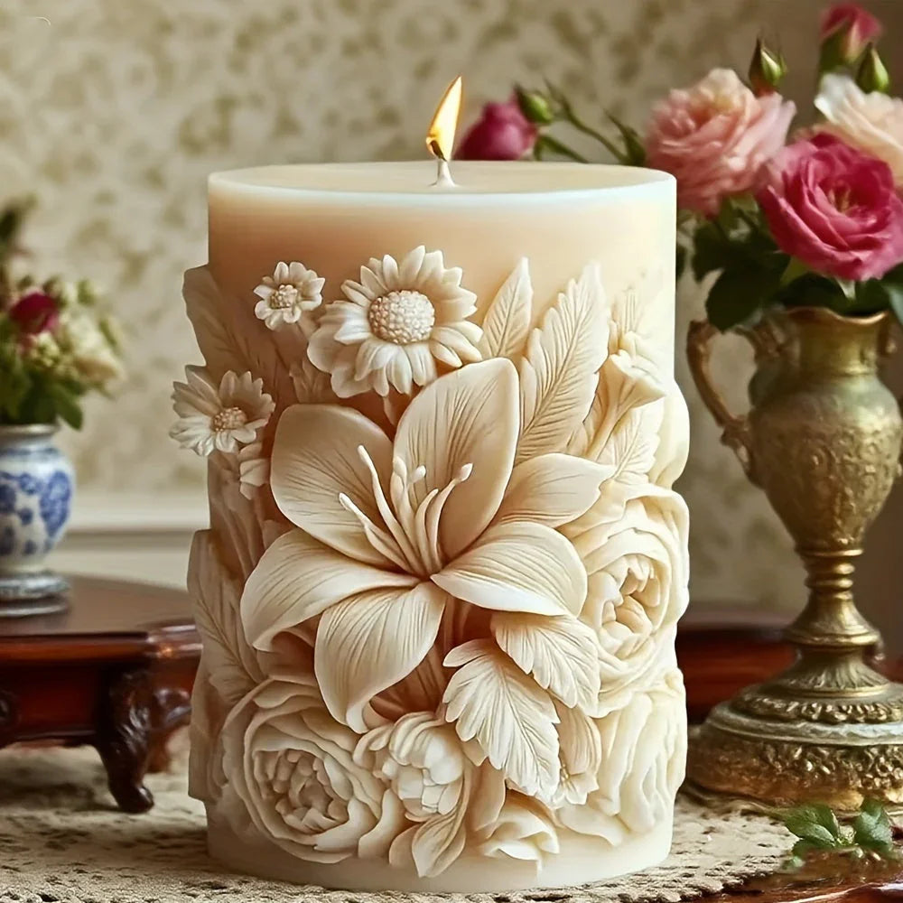 White ceramic pillar candle mold with floral pattern, elegant home décor - House of Avana