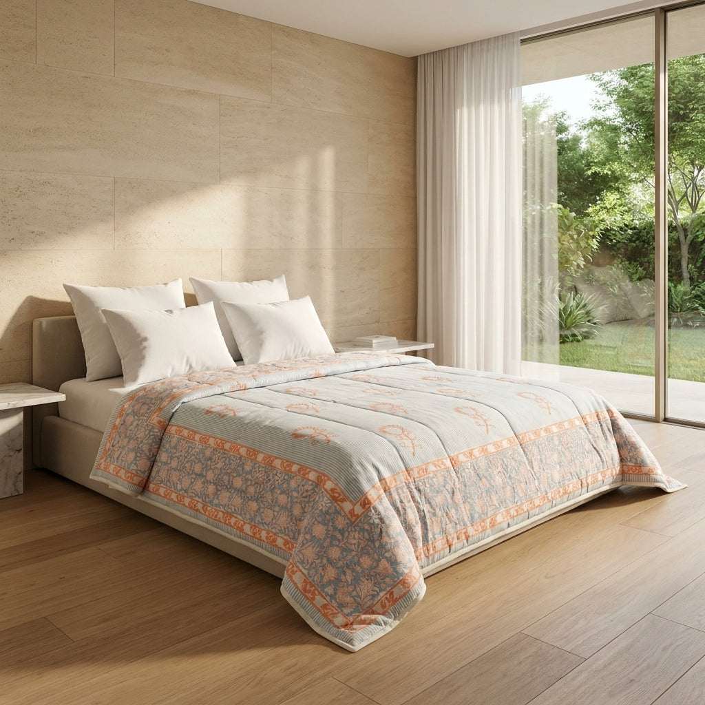 Cream & Golden Yellow Olive Jaipur Indian hand block print floral quilted comforter | Jaipur Indian hand block print cotton muslin quilted comforter | Sanganer floral block print bedding | Queen King size quilt India | House of Avana [[SKU:HOA-COM-GYOG-015]]
