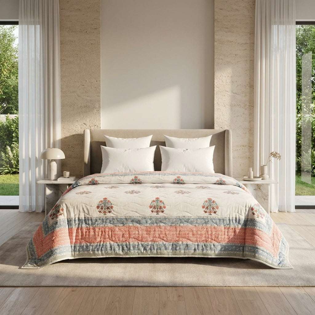 Cream & Dusty Blue Mauve Jaipur Indian hand block print floral quilted comforter | Jaipur Indian hand block print cotton muslin quilted comforter | Sanganer floral block print bedding | Queen King size quilt India | House of Avana [[SKU:HOA-COM-DBMV-026-K]]