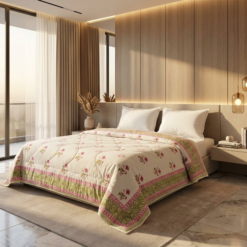 Cream & Deep Rose Olive Jaipur Indian hand block print floral quilted comforter | Jaipur Indian hand block print cotton muslin quilted comforter | Sanganer floral block print bedding | Queen King size quilt India | House of Avana
