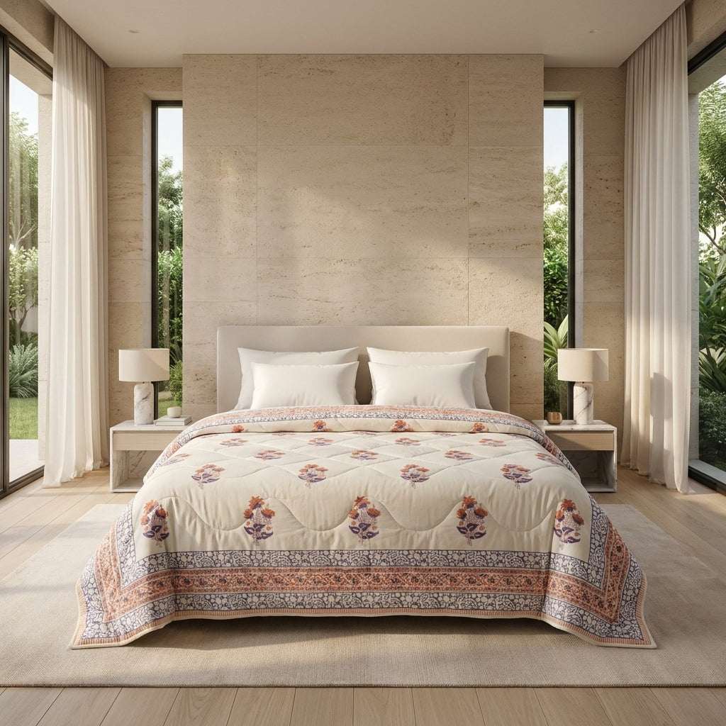 Lavender Grey & Cream Jaipur Indian hand block print floral quilted comforter | Jaipur Indian hand block print cotton muslin quilted comforter | Sanganer floral block print bedding | Queen King size quilt India | House of Avana [[SKU:HOA-COM-LVCR-020]]