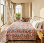 Cream & Rose Pink Dusty Blue Jaipur Indian hand block print floral quilted comforter | Jaipur Indian hand block print cotton muslin quilted comforter | Sanganer floral block print bedding | Queen King size quilt India | House of Avana
