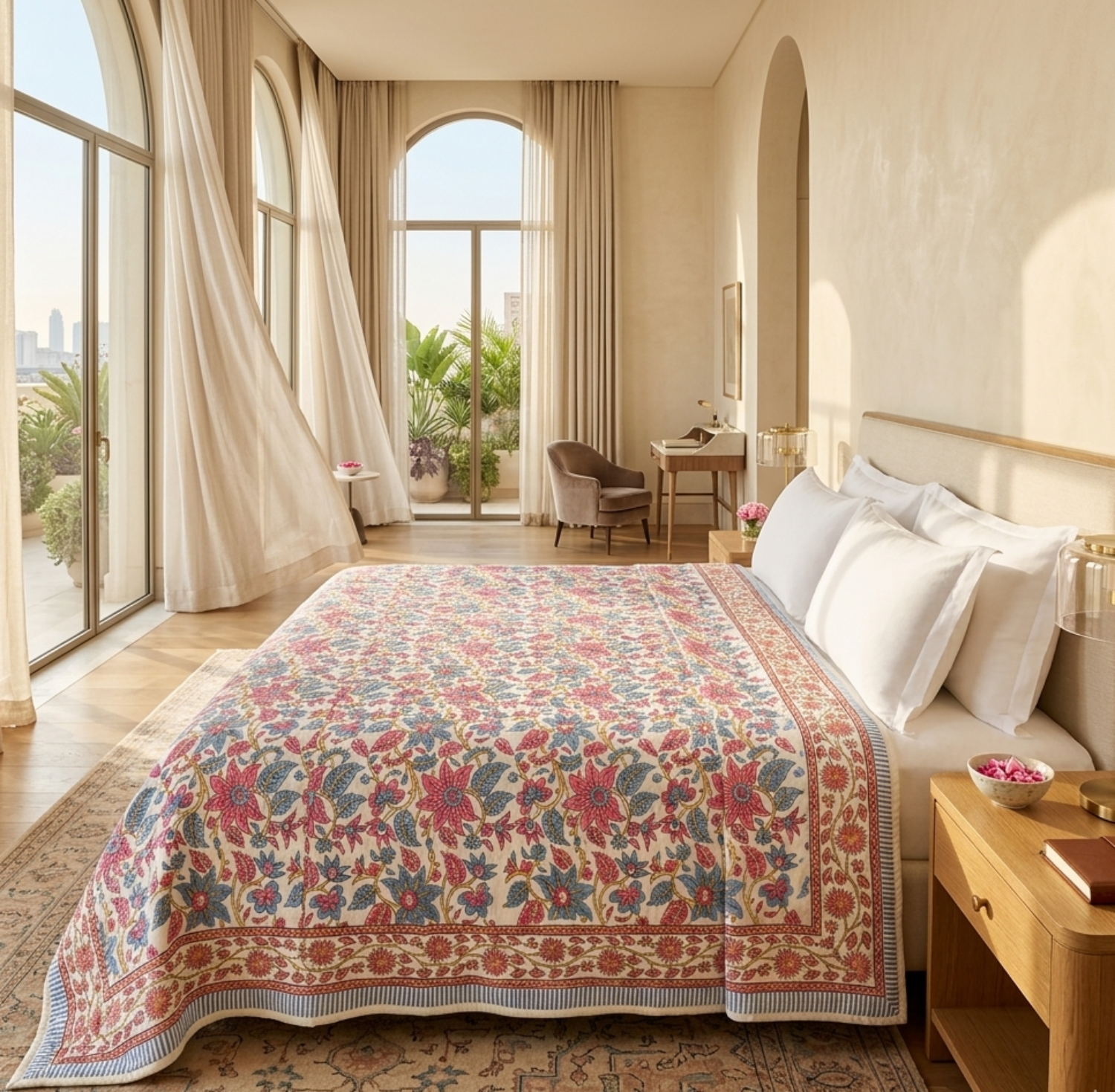 Cream & Rose Pink Dusty Blue Jaipur Indian hand block print floral quilted comforter | Jaipur Indian hand block print cotton muslin quilted comforter | Sanganer floral block print bedding | Queen King size quilt India | House of Avana