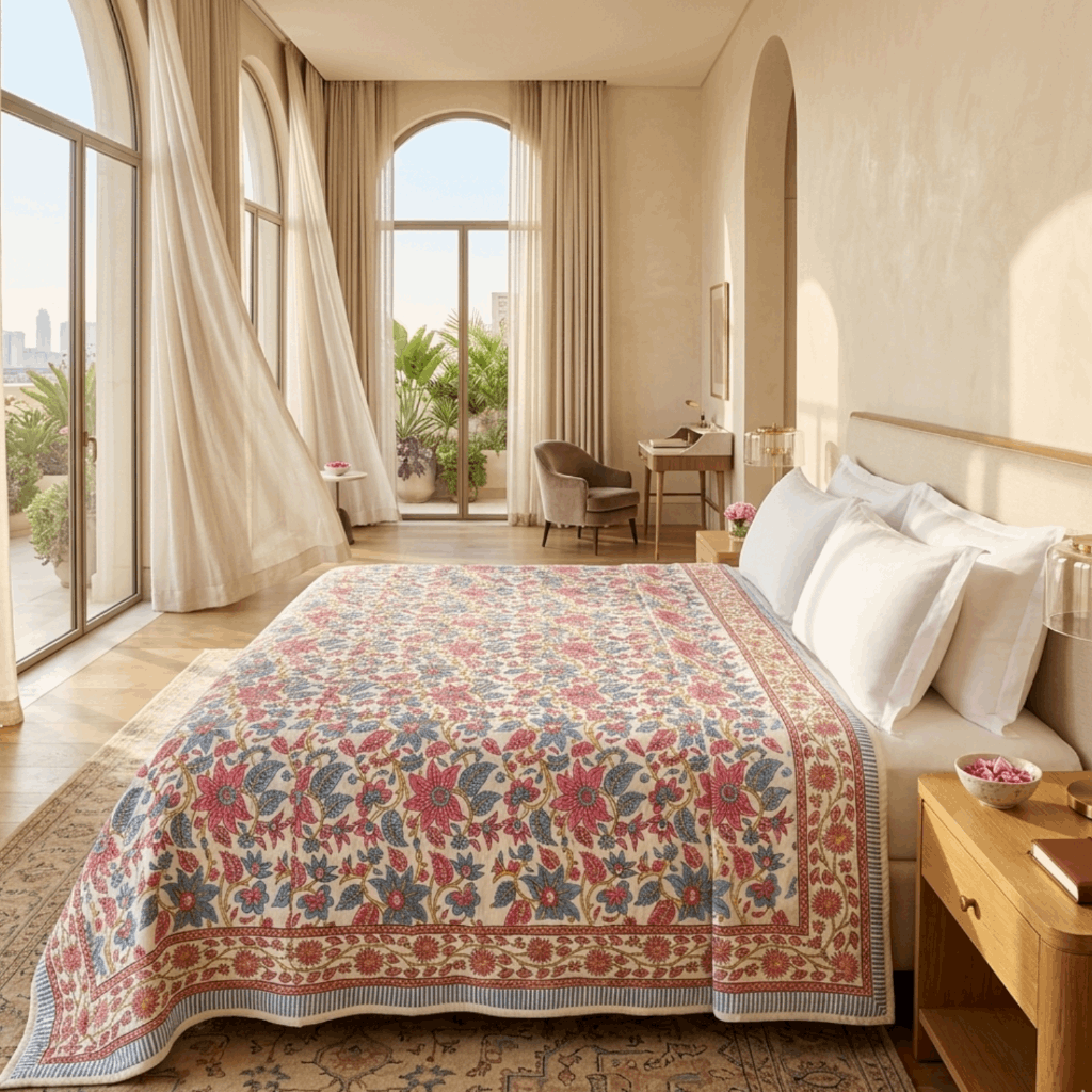 Cream & Rose Pink Dusty Blue Jaipur Indian hand block print floral quilted comforter | Jaipur Indian hand block print cotton muslin quilted comforter | Sanganer floral block print bedding | Queen King size quilt India | House of Avana [[SKU:HOA-COM-PKDB-004-K]]