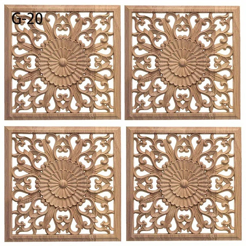 Classic Carved Wood Wall Sculpture, 7.87" Square Floral Medallion, Decorative Unpainted Wooden Applique... - House Of Avana