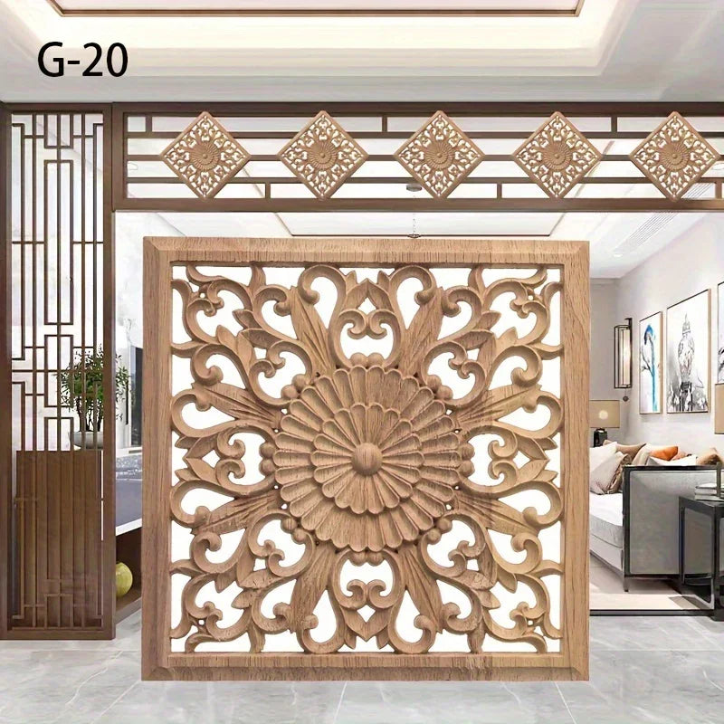 Classic Carved Wood Wall Sculpture, 7.87" Square Floral Medallion, Decorative Unpainted Wooden Applique... - House Of Avana