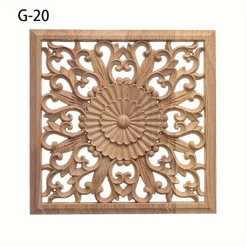 Classic Carved Wood Wall Sculpture, 7.87" Square Floral Medallion, Decorative Unpainted Wooden Applique... - House Of Avana