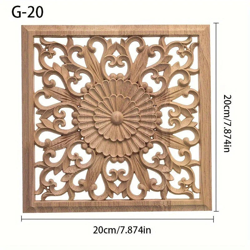 Classic Carved Wood Wall Sculpture, 7.87" Square Floral Medallion, Decorative Unpainted Wooden Applique... - House Of Avana